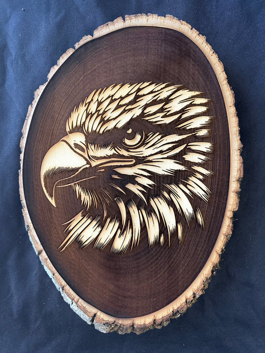 Wall Art -  laser etched on live-edge basswood Eagle Head (Reverse Burn)