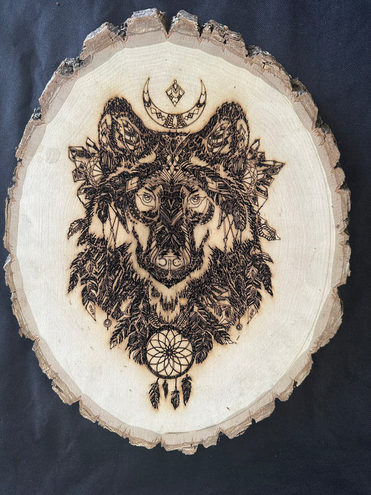 Wall Art -  laser etched on live-edge basswood Wolf Mandela
