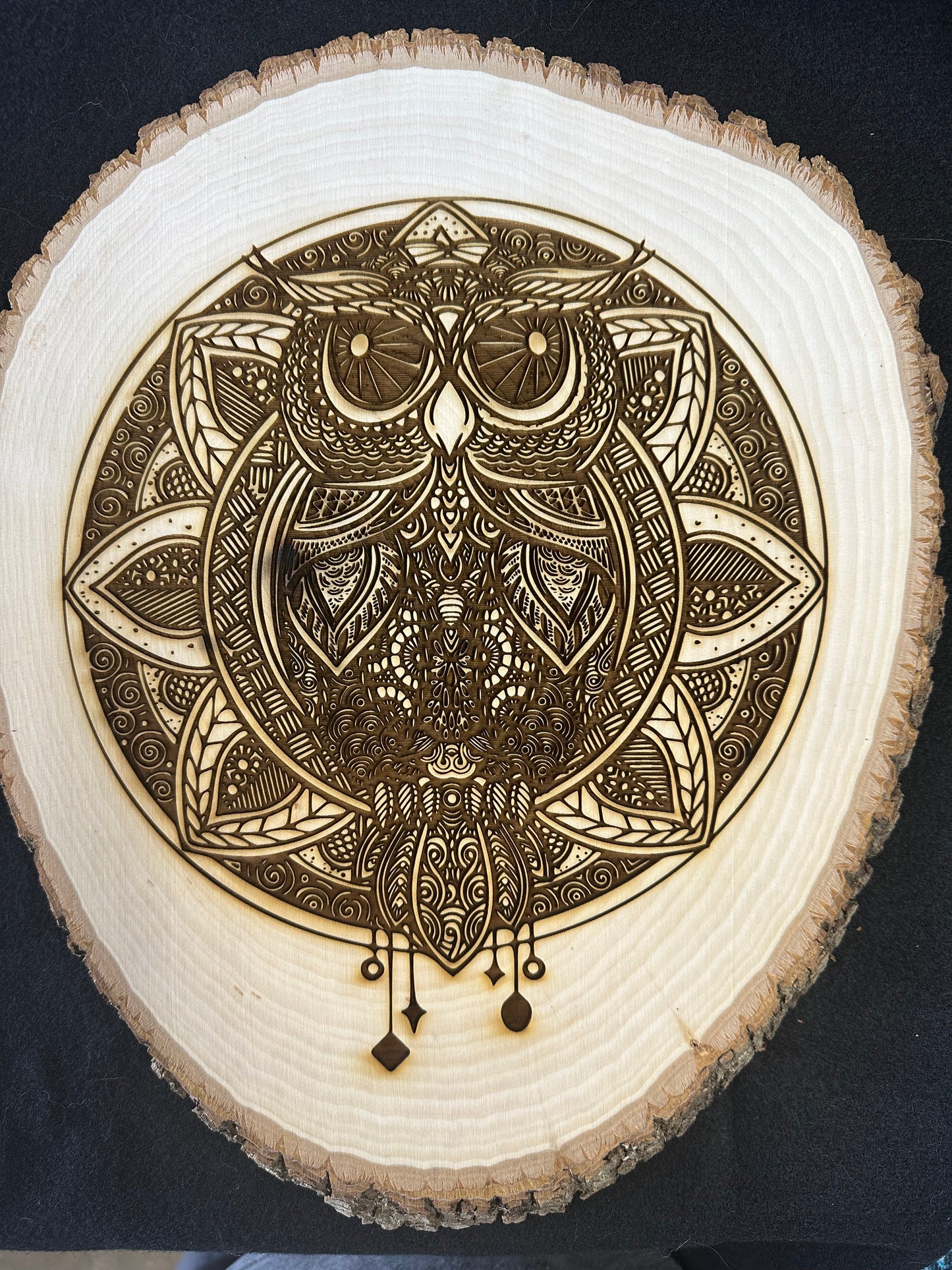 Wall Art -  laser etched on live-edge basswood Owl Dream Catcher Mandela