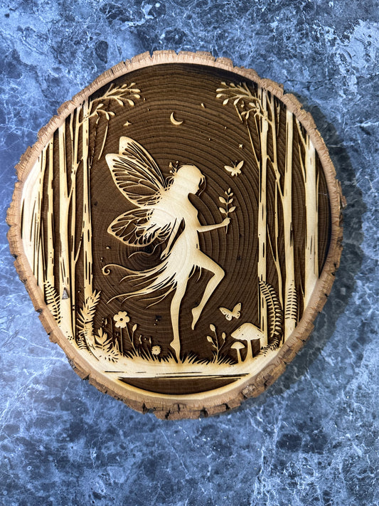 Wall Art -  laser etched on live-edge basswood Fairy in Forrest