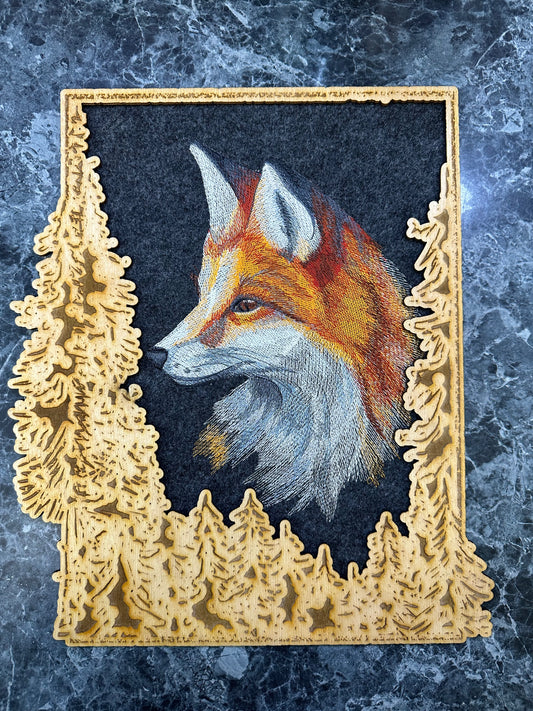Wall Art - Embroidered Fox in Forest 2 (approx. 12"w x 13.5"h)