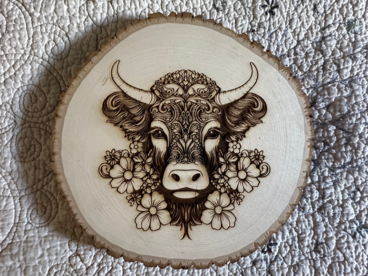 Wall Art -  laser etched on live-edge basswood Highland Cow Mandela