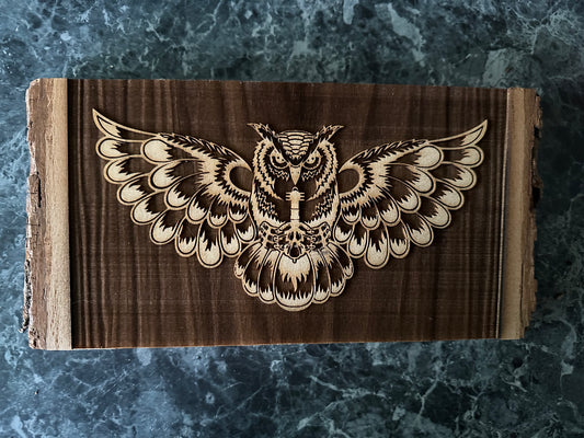 Wall Art -  laser etched on live-edge basswood Owl #2 Graphic (reverse burn)