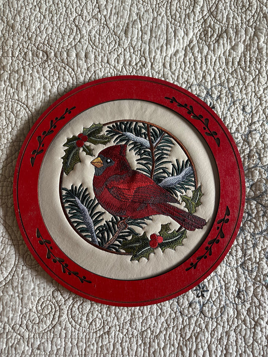 Wall Art - Embroidered Cardinal in Pine (approx. 11")