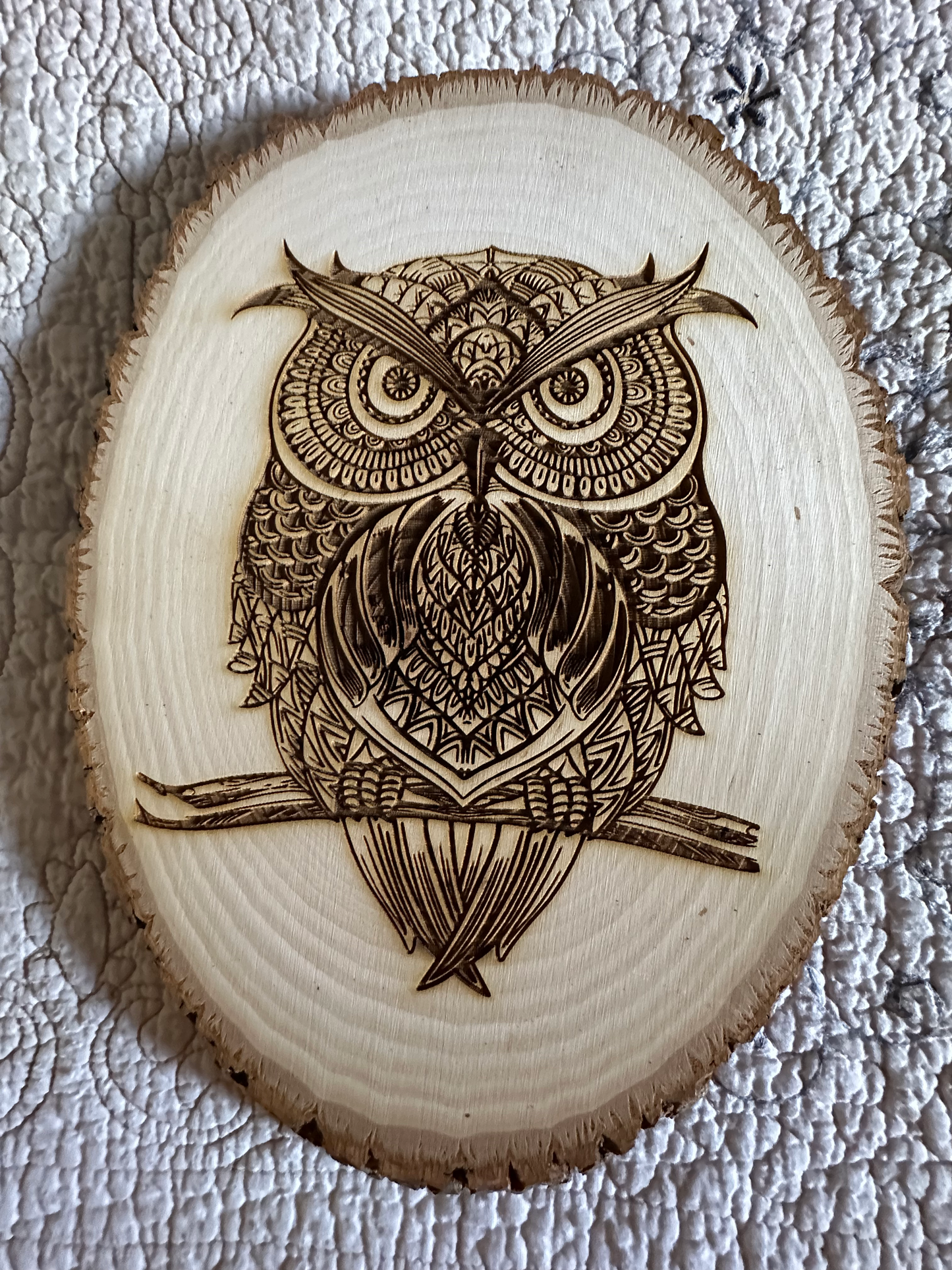 Wall Art - laser etched on live-edge basswood Owl on Branch Mandela