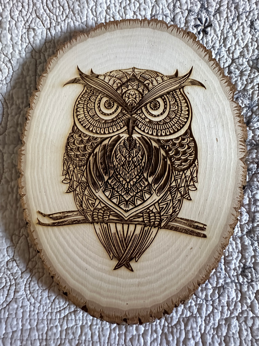 Wall Art -  laser etched on live-edge basswood Owl on Branch Mandela