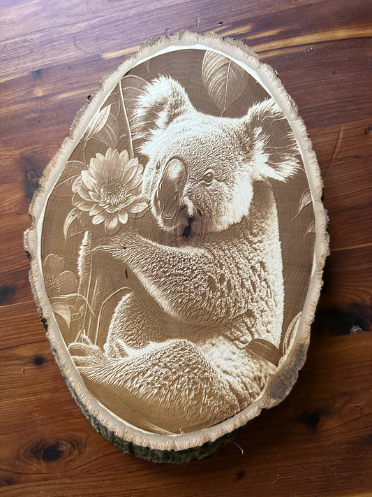 Wall Art -  laser etched on live-edge basswood Koala bear