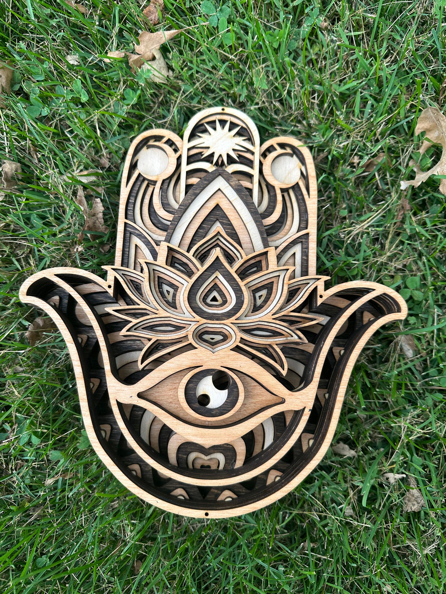 Wall Art - 3D, Hamsa or "Hand of Miriam", tri-stained multi-layer 3mm wood