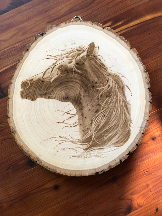 Wall Art -  laser etched on live-edge basswood Horse Graphic