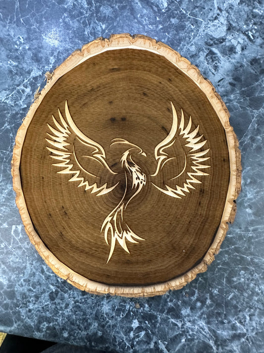 Wall Art -  laser etched on live-edge basswood Phoenix Graphic (reverse burn)