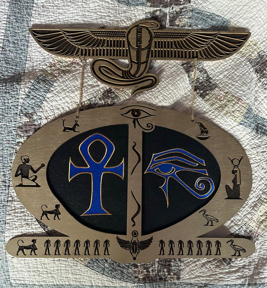 Wall Art - Embroidered Image with Egyptian cartouche Onkh/Eye of Horus 3mm Baltic Birch wood