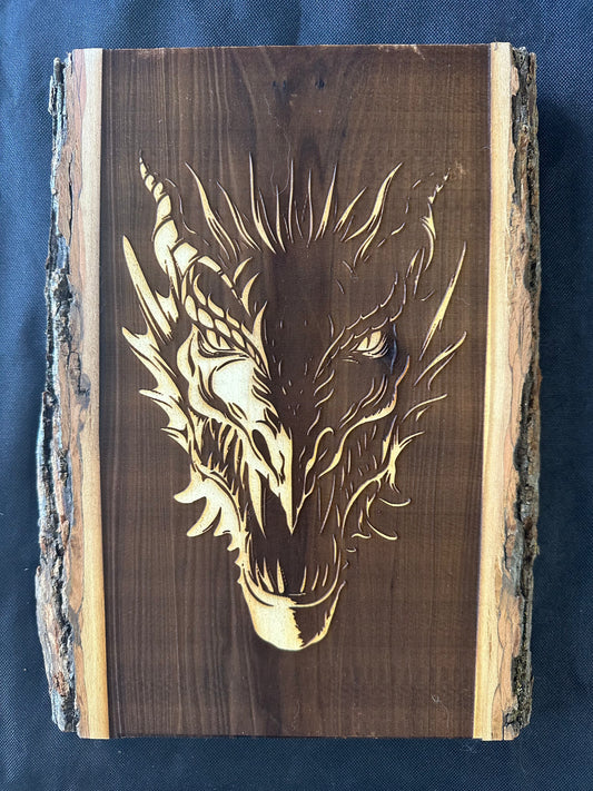 Wall Art -  laser etched on live-edge basswood Dragon Head reverse burn