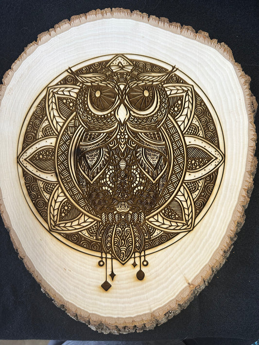 Wall Art -  laser etched on live-edge basswood Owl Dream Catcher Mandela