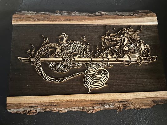 Wall Art -  laser etched on live-edge basswood Dragon on Sword