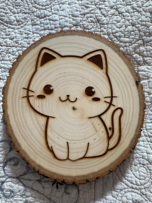 Wall Art -  laser etched on live-edge basswood Cute Kitty