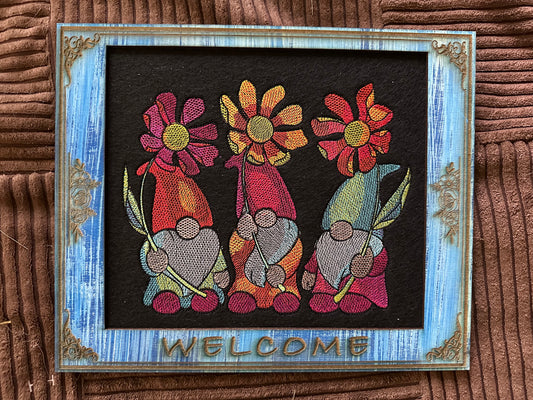 Wall Art - Embroidered Welcome Gnomes (approx. 12" x 10")