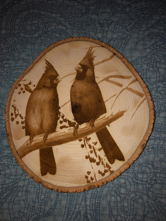 Wall Art -  laser etched on live-edge basswood Cardinals