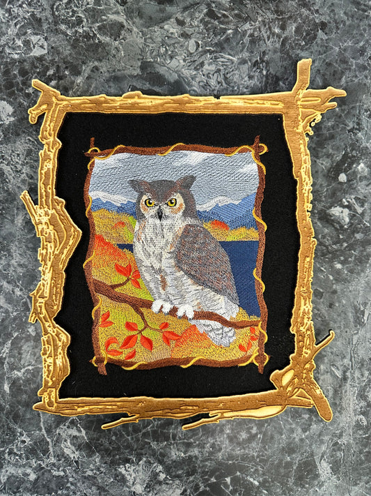 Wall Art - Embroidered Owl Scene (approx. 10"w x 12"h)